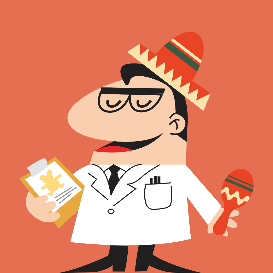 Professor Toy wearing a sombrero and holding maracas for Cinco de Mayo celebration
